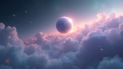 Dreamy Ethereal Planetary Landscape, Glowing Celestial Body in Pastel Nebula Cloudscape