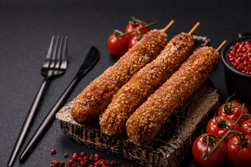 Lula kebab meat fried on a fire in breading with salt, spices and herbs