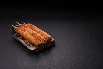 Lula kebab meat fried on a fire in breading with salt, spices and herbs