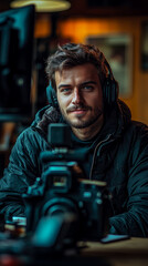 Fototapeta premium Young Man with Headphones and Camera, Close-up Portrait