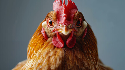 A close up of a chicken with a red comb on its head