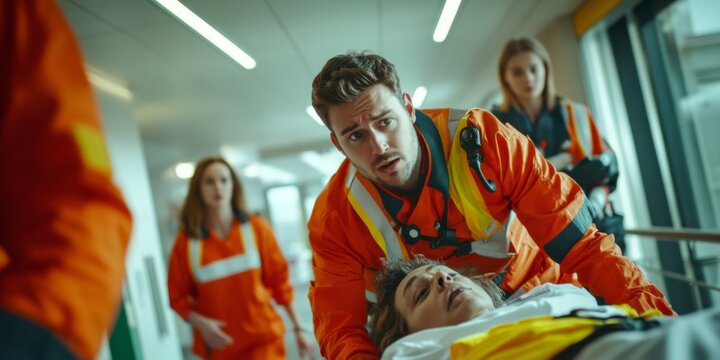 Emergency medical team in action providing urgent care to a patient. The scene shows healthcare professionals focused and skilled in their duties. A crucial moment in a hospital setting. AI