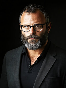 Retrato de hombre maduro con barba, gafas y expresi&oacute;n seria