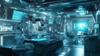 Fototapeta premium A futuristic medical lab where robotic arms are performing complex surgeries with precision