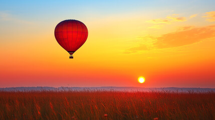 Globo aerost&aacute;tico sobre campo al atardecer con cielo colorido
