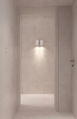 Gallery interior with ceiling lamps and beige or gray wall. Gallery concept. Mock up, 3D Rendering