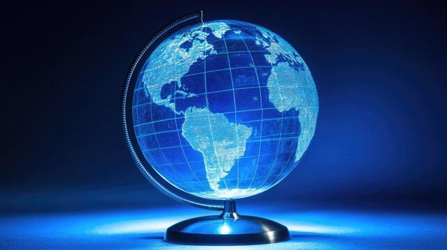 Illuminated Globe Showcasing Latitude and Longitude Lines: A Fusion of Photography and Illustration in a Dark Blue Global Business Theme