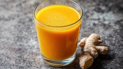 A refreshing glass of golden ginger juice with fresh ginger root.