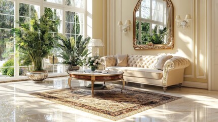 Fototapeta premium Bright living room interior with beige marble floor, coffee table and sofa set with rug on it, mirror to beautiful garden view. 3D Rendering