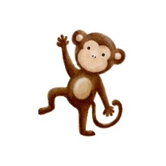 A cheerful monkey illustration with a playful expression. The monkey has a brown body, a light beige face and a curly tail, set on a white background
