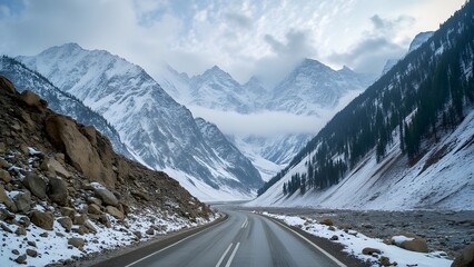 Serene Snow-Dusted Mountain Road in Zanskar Valley, Ladakh, India, Majestic Peaks and Winding Path © Shahina