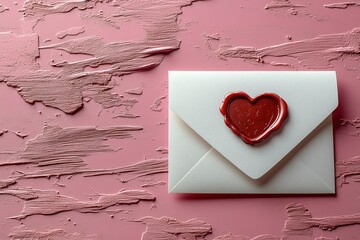Valentine envelope with red heart wax seal on pink textured background, romantic gesture, love letter concept