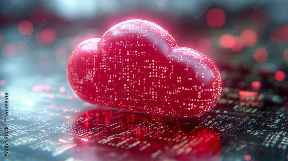 Poster futuristic red cloud computing data visualization set against a moody digital storm background