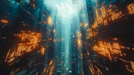 Fototapeta premium Futuristic city skyline at sunset with digital data overlays and glowing patterns