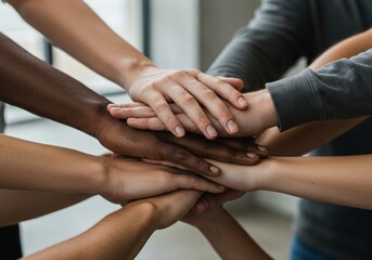 A close-up shot of hands stacking together in a powerful teamwork gesture, symbolizing unity, collaboration, and collective effort. The diverse skin tones of the hands emphasize inclusivity, diversity