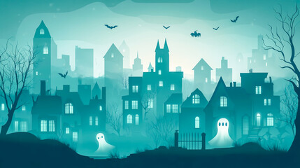 Fototapeta premium Spooky Halloween background featuring a haunted city with eerie buildings, ghostly apparitions, and a dark, misty atmosphere