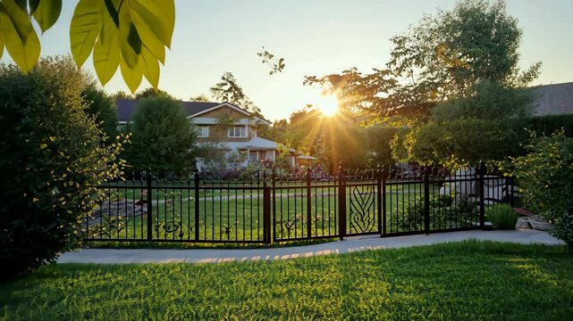 Sunset over a peaceful suburban garden framed by black metal fencing in the late afternoon