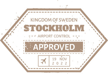 Beige hexagonal stamp with dashed border indicating approval from Stockholm Airport Control in the Kingdom of Sweden, dated November 19, 2022, and featuring a small airplane icon
