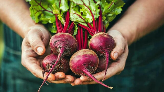 freshly picked beets in hands. Selective focus