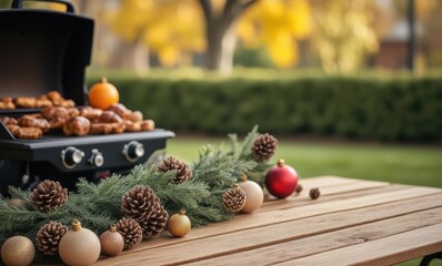 Festive outdoor grilling scene with decor
