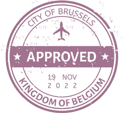 Purple grunge rubber stamp featuring the City of Brussels, Kingdom of Belgium, displaying an airplane icon and the word approved, dated 19 November 2022, evokes travel and adventure