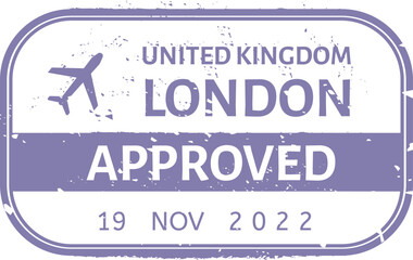 Purple grunge rubber stamp with the text London United Kingdom approved, airplane silhouette and date 19 November 2022, for travel and tourism themes © WinWin