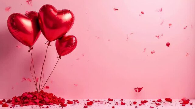 Red heart shaped balloons and rose petals, slow motion video greeting card happy birthday, happy wedding, valentine