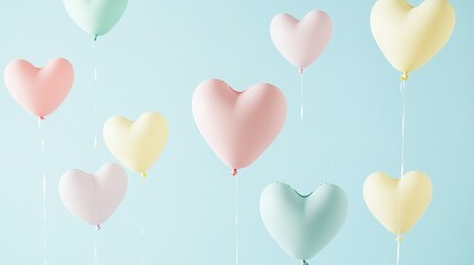 Pastel Heart Balloons Floating on Soft Blue Background with Cheerful Romantic Vibe