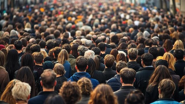 Huge crowds of people standing in a USA city waiting for something to happen. 