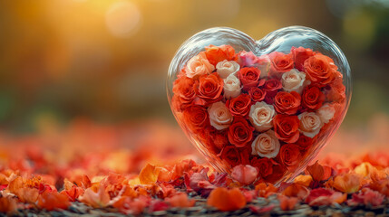 Heart-shaped glass filled with red and white roses resting on a bed of fallen petals