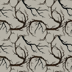 Seamless pattern with dry branches without leaves. Watercolor illustration on the beige background. Dry curved ramification hand drawn in Gothic and Halloween style for textile as a companion pattern