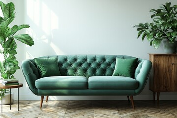 A real photo captures a grey lounge with a green cushion, a wooden coffee table, a simple poster on the wall, and a cupboard of books in a brightly lit sitting room interior