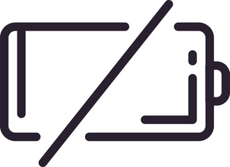 Simple black and white empty battery icon with a diagonal line through it, representing a low power or no charge status, suitable for user interface and graphic design projects