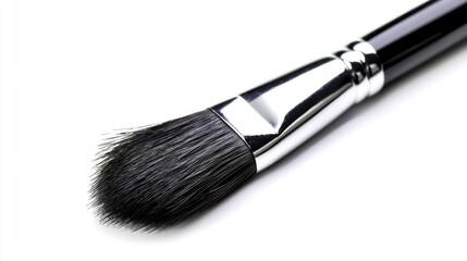 Close-up of a Professional Artist Paint Brush with Black Bristles and Silver Ferrule on White Background