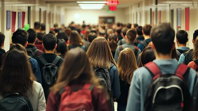 Tracking teenagers from behind as they walk in slow motion down a crowded high school hallway before the start of class. For back to school themed information.