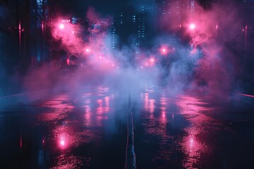 Wet asphalt, reflection of neon lights, a searchlight, smoke. Abstract light in a dark empty street with smoke, smog. Dark background scene of empty street, night view, night city