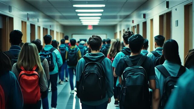 Tracking middle school teenagers from behind as they walk in slow motion down a crowded middle school hallway before the start of class. For back to school themed information.