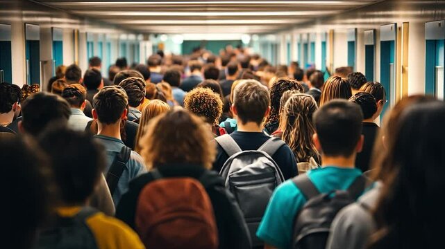 Tracking teenagers from behind as they walk in slow motion down a crowded high school hallway before the start of class. For back to school themed information.