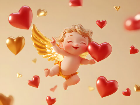 A cheerful angel with golden wings dances among red and gold hearts, radiating joy and playfulness