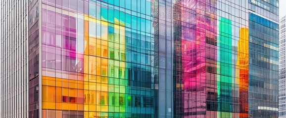 Fototapeta premium Colorful glass skyscraper exterior reflecting vibrant hues.