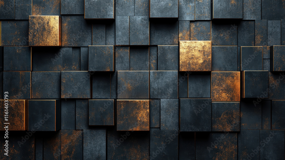 Poster modern 3d black cuboids with golden grid lines for futuristic design and architecture concepts