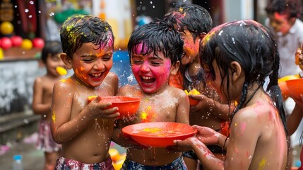 Joyful children, faces painted with vibrant Holi colors, laugh and play with water, celebrating the festival's vibrant spirit.  A moment of pure, unadulterated fun.