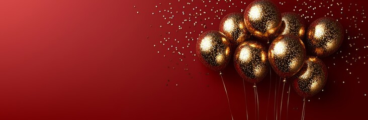 Gold foil balloon with the number fifty. Birthday greeting card featuring the number 50. Anniversary celebration event banner. Golden numeral on a red background.Numerical digit with light bokeh and