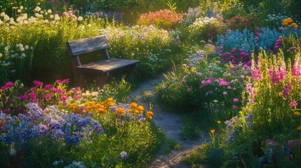 Serene garden bench amidst vibrant blooming flowers bathed in sunlight.
