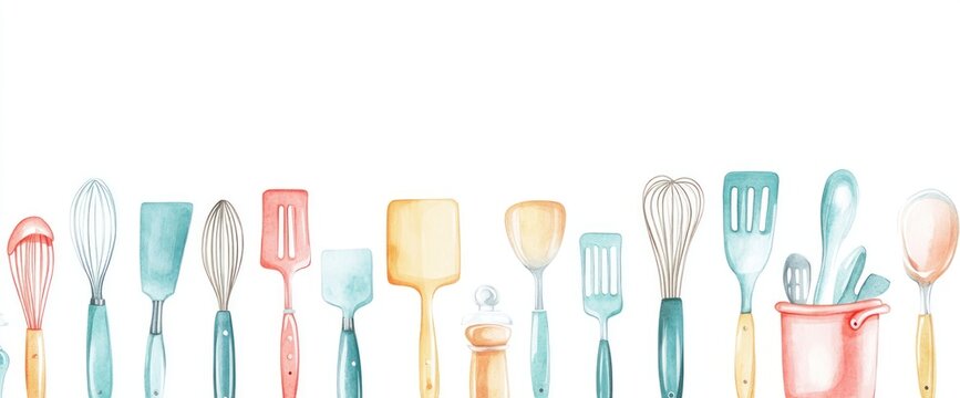 Watercolor kitchen utensil border.