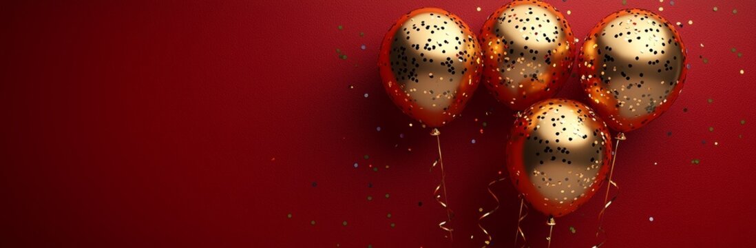 Gold foil balloon numbered fifty. Birthday greeting card with the inscription 50. Banner for an anniversary celebration. Red background with a golden numeral. The number features light bokeh and - Powered by Adobe