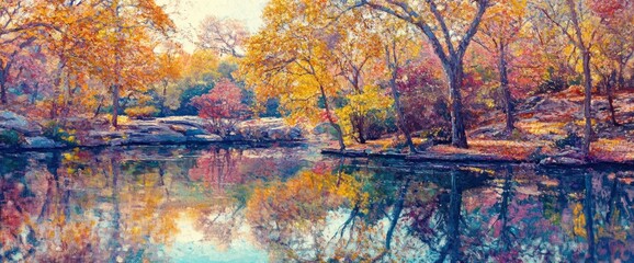 Vibrant autumnal landscape reflecting in a calm lake.