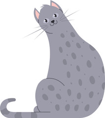 Cartoon illustration featuring an adorable gray cat with dark spots, curiously turning its head and gazing with an inquisitive expression on its face