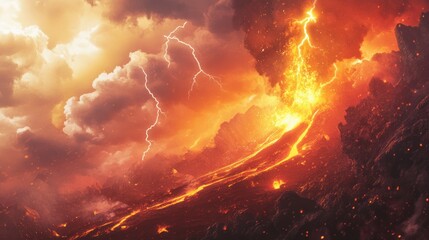 Obraz premium Volcanic eruption with lightning strikes and fiery lava flow.