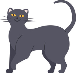 Cartoon illustration featuring a gray cat walking with its tail held high, gazing curiously upwards. Set against a clean white background, the image radiates playfulness and charm